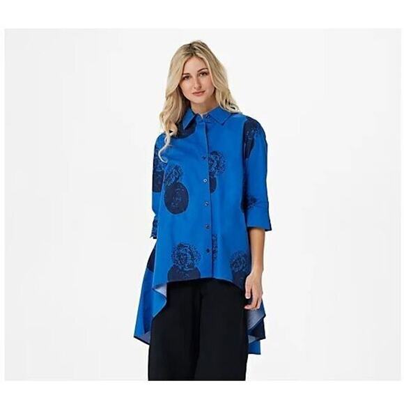 TRUTH + STYLE NEW $67 Printed Stretch Poplin Hi-Low Button Shirt Royal Small - Picture 1 of 2